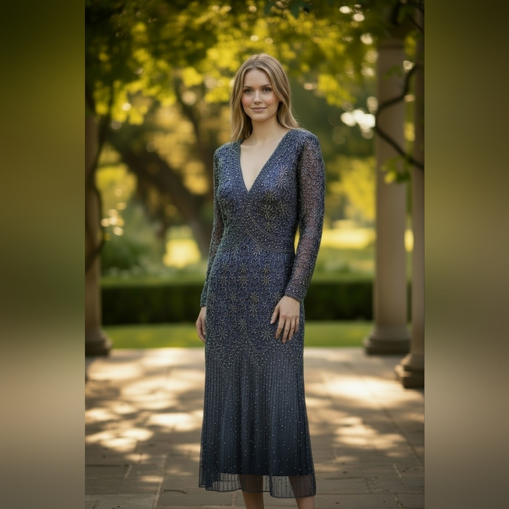 Pisarro Nights Dark Grey and Black Midi or Tea Length Dress